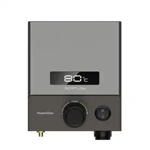 Digitale Anzeige eines Warmwasserbereiters mit Temperatureinstellung und Energieeinsparfunktion.